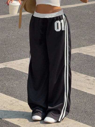 SHEIN Back To School Tween Girls' Contrast Color Elastic Waist Drawstring Numeric Print Loose Straight Leg Casual Pants, Versatile & Fashionable Fall Winter