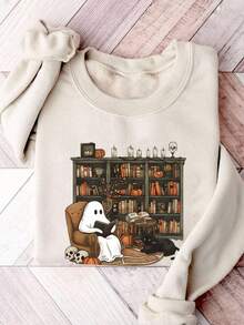 EMERY ROSE Moletom Retrô com Fantasma Lendo, Moletom de Halloween para Bibliotecária Fantasma, Moletom de Halloween para Professor, Camisa de Halloween para Amantes de Livros, Camisa de Livro com Fantasma, Moletom Gola Redonda Plus Size para Mulheres