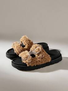Solecia 女式搭扣设计毛绒厚底复古拖鞋 - 棕色 - 查看 2
