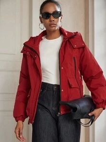 Aveloria Modichic Casual Fashionable Versatile Zipper Detachable Hooded Padded Coat, Solid Color Outerwear For Women