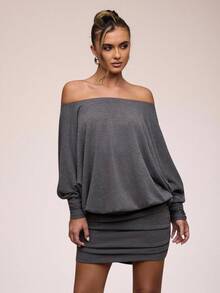 SHEIN BAE Vestido mini de mujer de unicolor con hombros descubiertos, mangas tipo murciélago y fruncido de moda