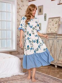 Bubble Wrinkle Floral Print Color Block Ruffle Hem Women Long Nightgown - Multicolor - View 4