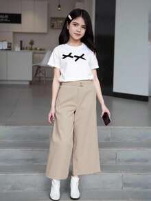 Tween Girl Button Detail Wide Leg Trousers - Khaki - View 3