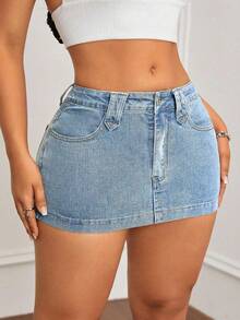 SHEIN ICON 大码女式 Y2K 时尚休闲百搭弹力迷你裙 - 淺色水洗藍 - 查看 5