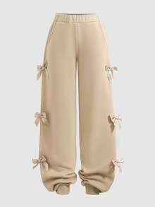SHEIN Tween 女童宽松休闲简约舒适圆领拼接撞色连帽衫和慢跑裤套装 - 卡其色 - 查看 5