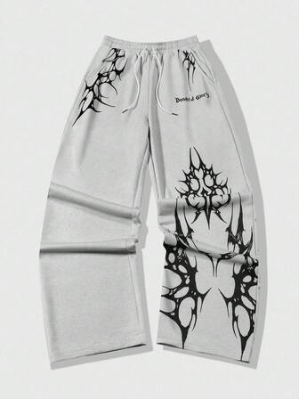 Street Life بنطلون رجالي مستقيم الساق مطبوع بطباعة جرافيك مع خصر بحبل ، خريف