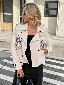SHEIN Frenchy Women's Black Autumn Elegant Fluffy Office Short Trench Coat,Plant Embroidery Notched Lapel Double-Breasted Long Raglan Sleeve Casual Business Coat - Multicolor - View 2