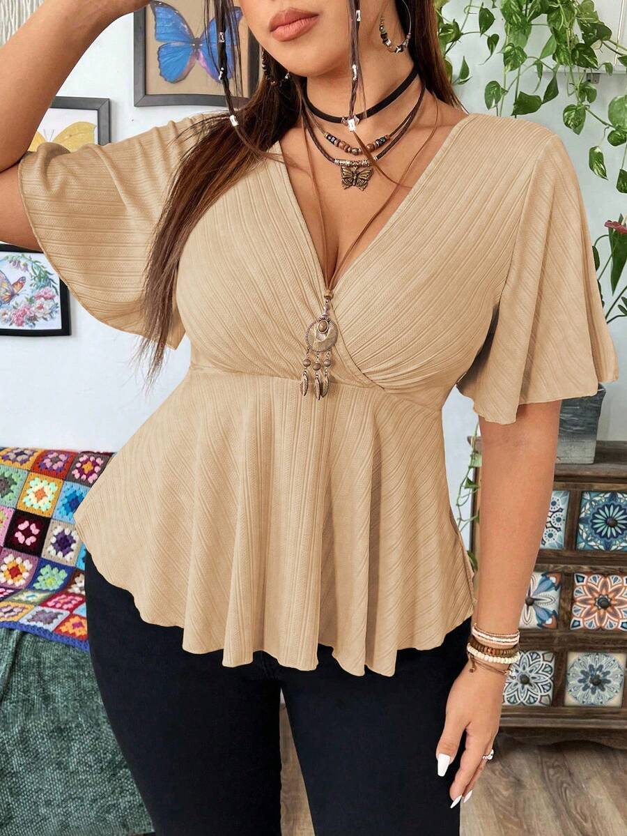Flirla Plus Size Summer Casual Solid Color V-Neck Ruffle Sleeve Short Hem T-Shirt - Apricot - View 1