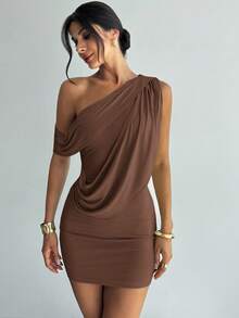 Firerie 女士优雅精致浪漫性感时尚度假派对日常装绿色不对称褶皱紧身迷你连衣裙 - 咖啡 - 查看 4