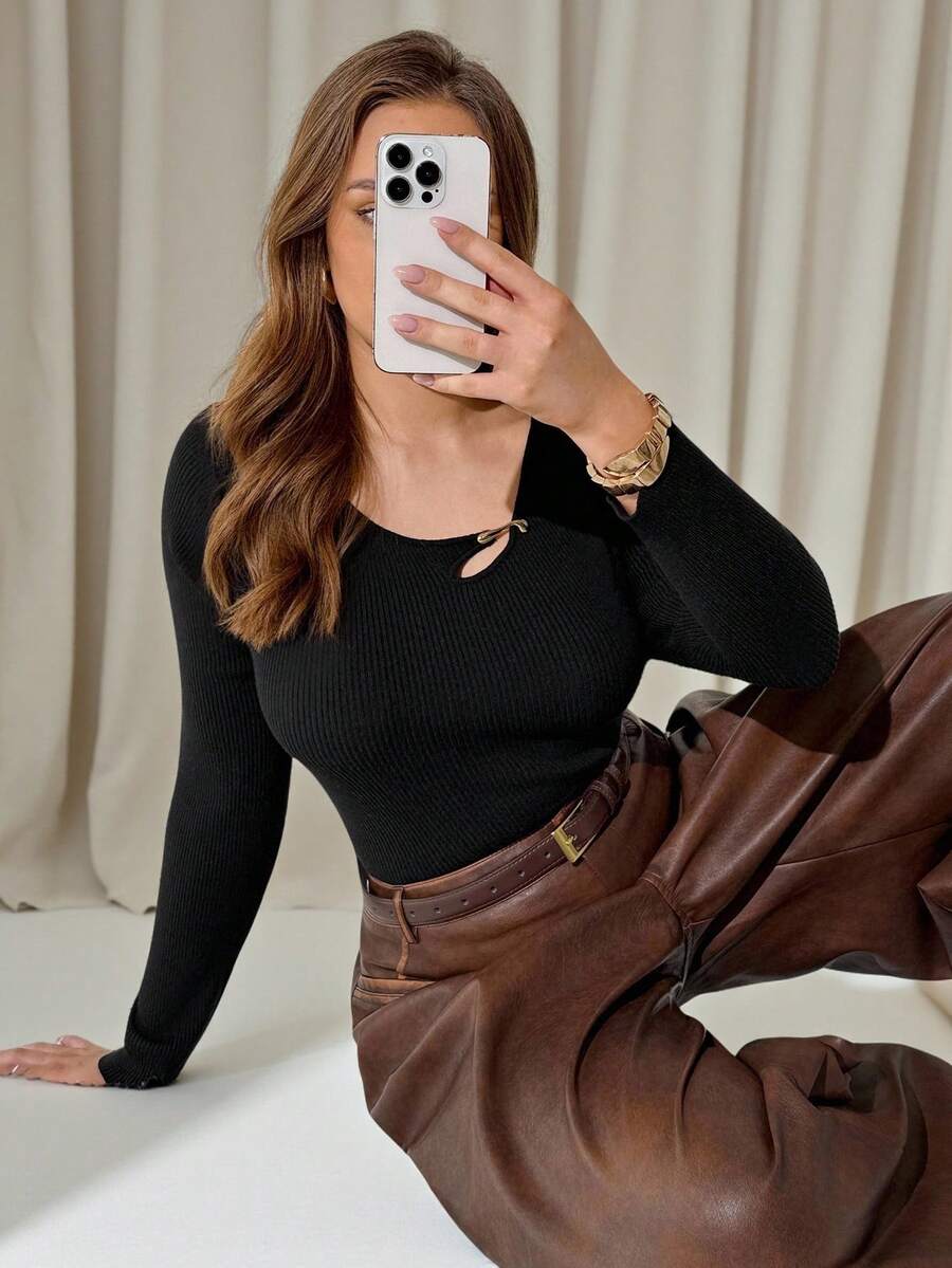 Auralis Plus Size Women's Autumn Black Formal Dinner Evening Slim Pullover Sweater, Fall/Winter - Black - View 1