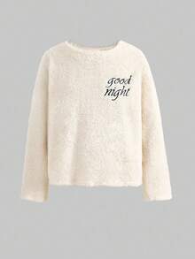 Tween Girl Loose Casual Minimalist Comfortable Round Neck Long Sleeve Fleece Top & Plaid Pants Pajama Set - Black and White - View 3