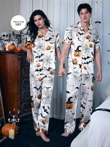 Zestaw piżamowy CoupledUp na Halloween z nadrukiem dyni i nietoperza, z satyny, z krótkim rękawem i klapami, dla mężczyzn