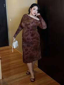 Flirla Plus Size Off Shoulder Long Sleeve Pleated Flocked Rose Elegant Split Bodycon Dress For Dates & Parties, Autumn/Winter Fall Cloth For Women