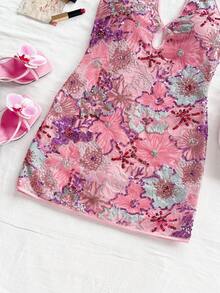 Soleia New Vacation Red Knitted Striped Halter Backless Mini Dress - Pink - View 3