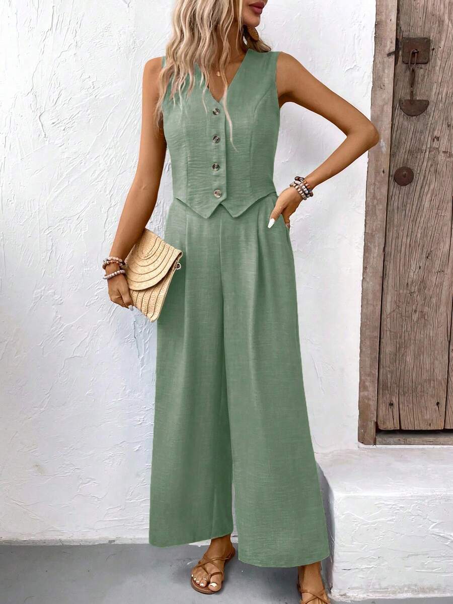 EMERY ROSE Bộ áo ba lỗ và quần dài trơn màu cho kỳ nghỉ - Màu xanh Ô liu - Xem 1