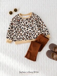 Cozy Pixies 2pcs Baby Girl Leopard Print Knit Soft Crew Neck Long Sleeve Pullover Sweatshirt And Solid Color Elastic Waist Pants Set Fall Winter - Multicolor - View 4