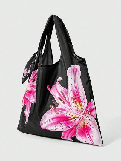 Fairycore حقيبة يد كبيرة السعة قابلة للطي، مزينة بطبعة وردية وحمراء بأزهار موضة، مع محفظة صغيرة، الرقم 1324636