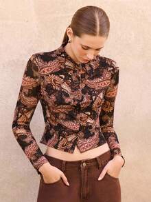 lacRébo Braunes Vintage-Stil Paisley-Muster Mesh Langarm Knopfverschluss Oberteil Frühling Sommer Ausgehshirt Chic Frühling - Verschiedenfarbig - Übersicht 2