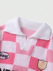 ROMWE MEN Prep Men's Checkerboard Embroidery Pattern Loose Cropped Long Sleeve Sweater, Fall Winter - Pink - View 3