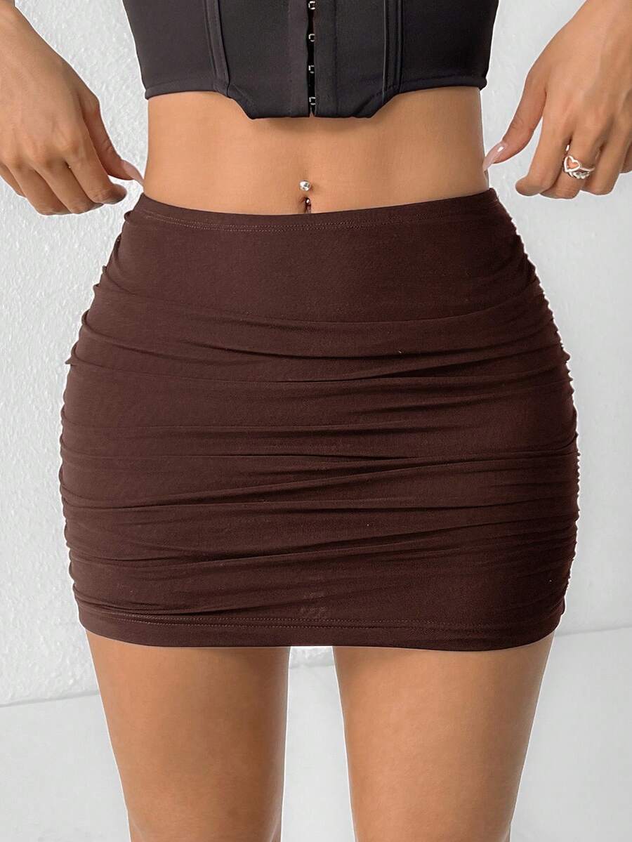 SHEIN PETITE 双层网眼包臀短裙 - 棕色 - 查看 1