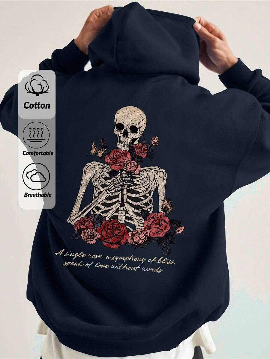 RueChic Cotton Men Skeleton & Slogan Graphic Drop Shoulder Drawstring Hoodie - Navy Blue - View 1
