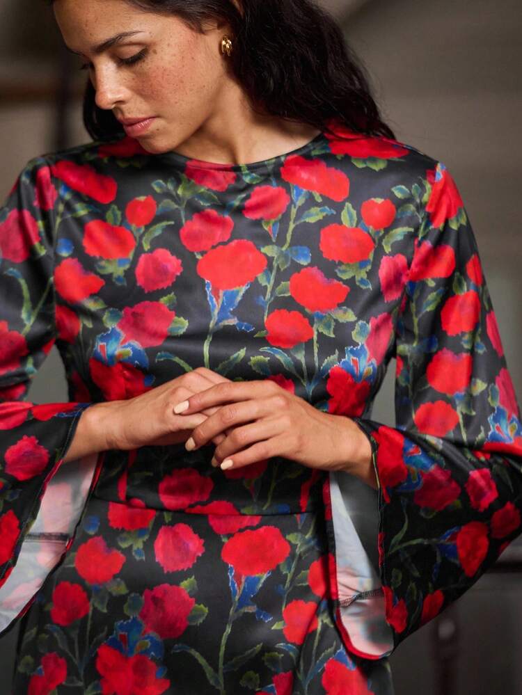 Mini Floral Dress With Flared Sleeves And Open Tie-Back Fall Women Clothes Spring Summer Dress Wedding Guest Dress  Outfits
