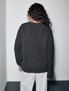 SHEIN LUNE 女士宽松圆领扭纹针织长袖毛衣，秋季休闲女式套头衫 - 深灰色 - 查看 2