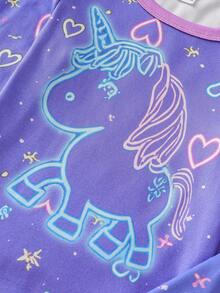年轻女孩海军蓝简约全身心爱心、星星、鹿印花长袖上衣和紧身裤两件套睡衣套装 - 紫色 - 查看 6