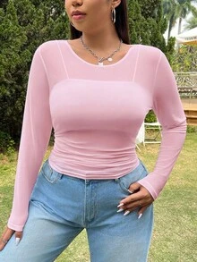 CovetEZ Plus Size Women's Solid Color See-Through Crew Neck Long Sleeve Top - Pink - View 4