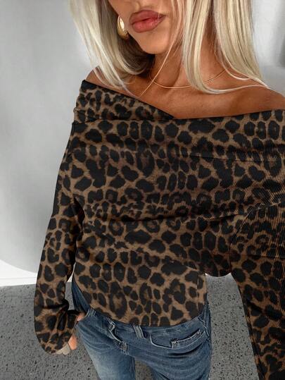 Aloruh Women's Autumn/Winter Casual Versatile Sexy Leopard Print Drape Fitted Long Sleeve T-Shirt, Suitable For Everyday Wear, Bohemian Vacation, Music Festivals, Chill Autumn, Autumn Top, Office