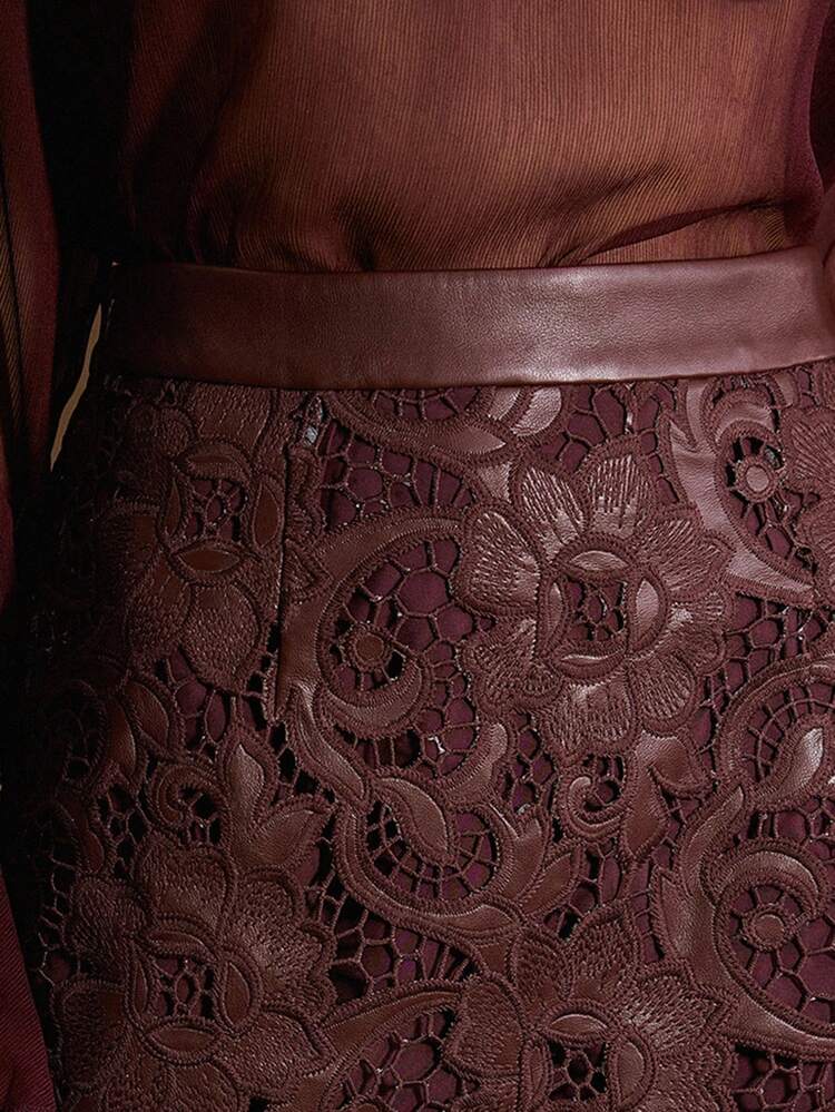 PU LEATHER EMBROIDERY LASER CUT SKIRT FOR AUTUMN & WINTER