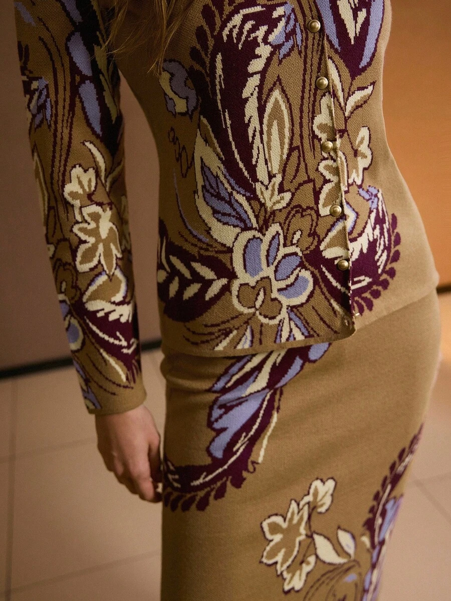 MOTF PREMIUM ALL OVER PRINT BUTTON UP TOP & SLIM FIT SKIRT SWEATER CO-ORD - Khaki - View 2