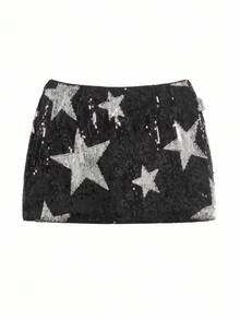 Y2Kool Women's Metallic Sequin Pentagram Mini Skirt, Party, Halloween, Holiday, Travel Sequin Skirt Star Sequin Skirt Sparkle Skirt Star Skirt Black Skirt Casual Stylish Collection New Year - Black - View 3