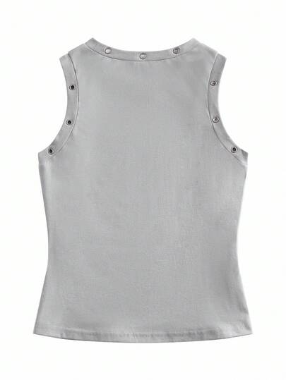 Shutterstock Y2Kool Top Regata Casual de Rua da Moda com Estampa Gráfica e Detalhe de Ilhós, Top de Botão Snap de Verão com Estampa Gráfica, Top Atlética, Top de Festa, Regata Cinza com Estampa Gráfica, Top com Ilhós Metálicos, Ideia Combinável, Coleção Estilosa, Algodão Ano Novo