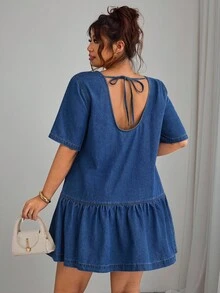 Elenzga Plus Size Women's Solid Color Round Neck Raglan Short Sleeve Ruffle Hem Versatile Sexy Dress - Blue - View 2