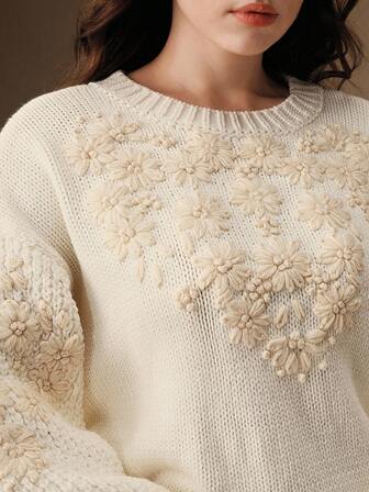 Anewsta Herbst/Winter Nische Rundhals Pullover, Loose Fit Floral Jacquard Design Langarm Strickpullover, Große Größen Pullover, geeignet für Thanksgiving, Weihnachten, Neujahr