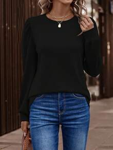 EMERY ROSE Women's Solid Color Minimalist Crew Neck Long Sleeve T-Shirt, Everyday Wear - Black - View 4