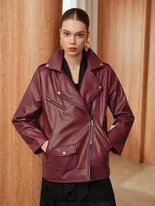 SHEIN Unity Women's PU Leather Lapel Collar Loose Jacket - Burgundy - View 5