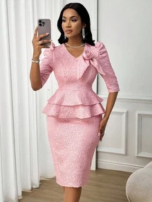 SHEIN Lady Bộ đồ hai mảnh bốn mùa thanh lịch cho nữ, dự tiệc đi làm, vải jacquard bóng, họa tiết hoa ba chiều, tay bồng, eo thắt chặt, viền bèo nhún và chân váy xẻ hông - Hồng - Xem 8