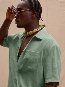 Musero Short Sleeve Button Up Oversized Pocket Shirt Oversized Graphic T-Shirt Spring, Summer, Holiday - Green - View 4