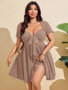 SHEIN MOOSTA Váy bó sát tay ngắn buộc dây phía trước gợi cảm cỡ lớn dành cho nữ, mùa hè - Màu Khaki - Xem 1