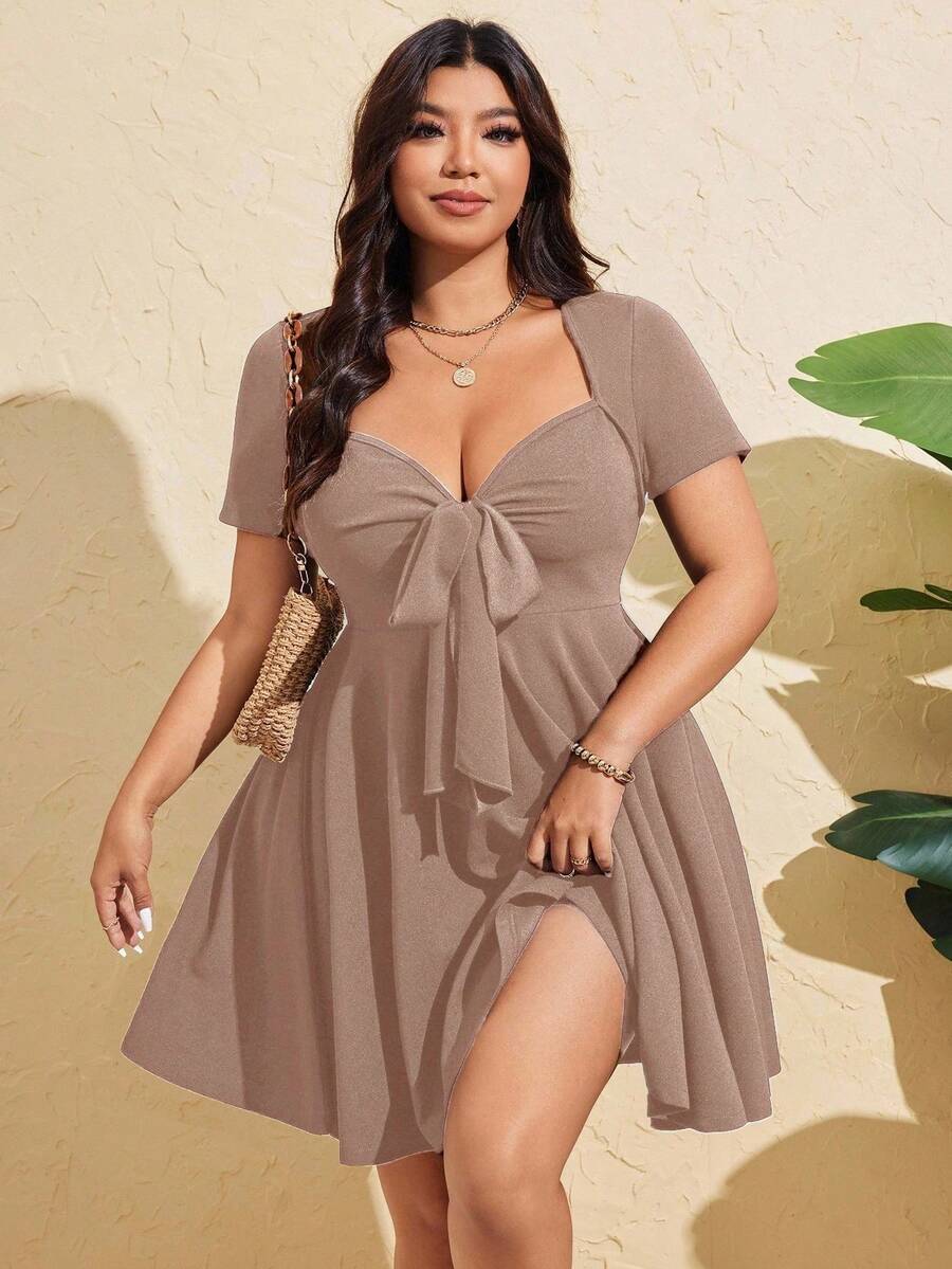 SHEIN MOOSTA Váy bó sát tay ngắn buộc dây phía trước gợi cảm cỡ lớn dành cho nữ, mùa hè - Màu Khaki - Xem 1