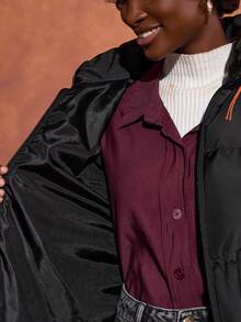 SHEIN Cottnline Quilted Puffer Jacket With Front Zipper, High Collar, Two Large Front Pockets, And Orange Zipper Pulls, Warm And Functional Winter Outerwear, Waterproof Fabric Winter Jacket Oversized Jacket Black Puffer Jacket Padded Coat - Black - View 6