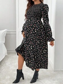 SHEIN 孕妇休闲碎花连衣裙，秋季 - 黑色 - 查看 3