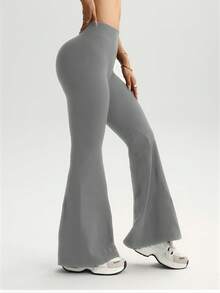 Damen einfarbige Sporthose mit geraffter Taille und weitem Bein, tiefem V-Ausschnitt