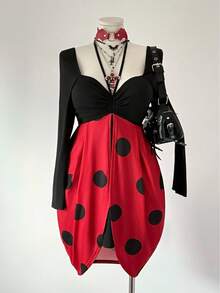 Sunspun Große Größen Marienkäfer Polka Punkt Patchwork Kontrast Farbige Taille Raffung Kleid - Schwarz - Übersicht 4