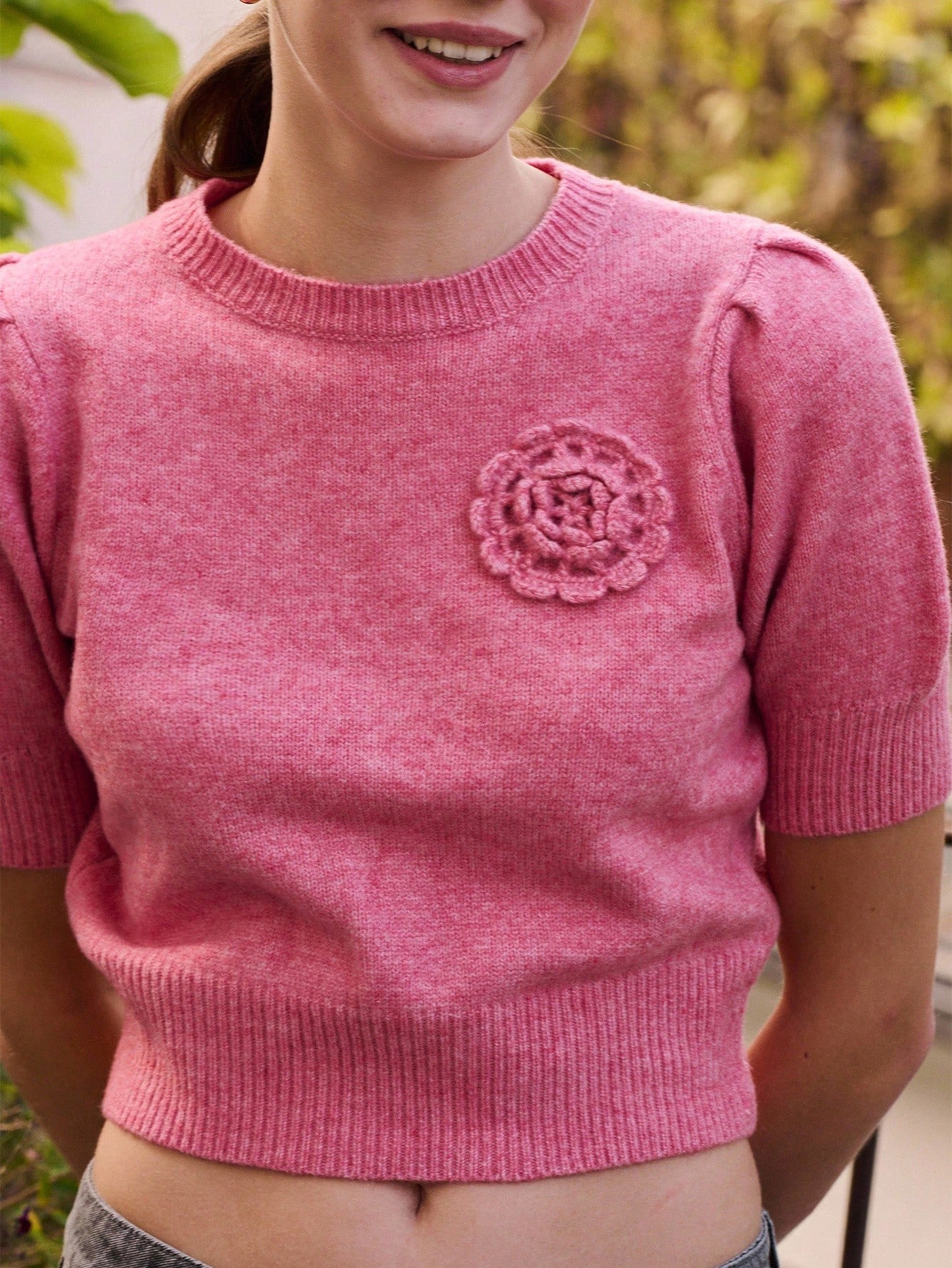 Short Sleeve Pink Knit Top With 3D Crochet Flowers Spring Women Clothes Spring Summer Elegant Top Going Out Top