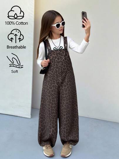 SHEIN Tween Girls Fall Winter Clothes Casual Leopard Print Pocket Loose Fit Baggy Jumpsuit Cheetah Print Without Tee,Casual Versatile Jeans,Back To School Fall Autumn Winter Homecoming Clothes,Halloween Clothes Girl,Christmas Clothes,Old Money Outfits
