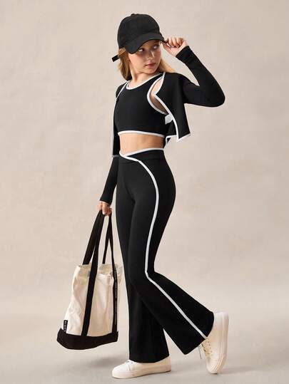 SHEIN Conjunto de 3 Peças para Meninas Pré-Adolescentes: Jaqueta Esportiva Elástica com Listras Contrastantes, Regata e Calça Flare, Adequado para Corrida, Ciclismo, Fitness, Basquete, Futebol, Tênis, Badminton