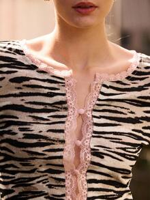 lacRébo 斑马纹长袖上衣，粉色蕾丝边和纽扣开口，秋季女装，秋季服装，秋季女装，秋冬 - 彩色 - 查看 6